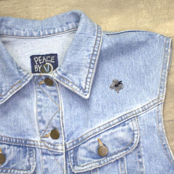 Vintage Peace By Piece Women's Denim Crop Vest Butterfly Medium - Picture 2 of 5